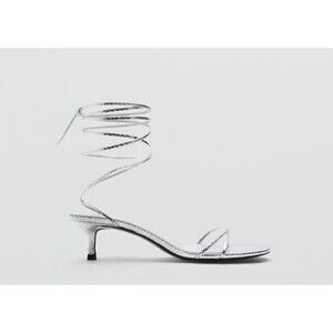 MANGO Sandals Womens 6.5 EUR 37 Silver‎ Metallic Strappy Lace-Up Kitten Heel